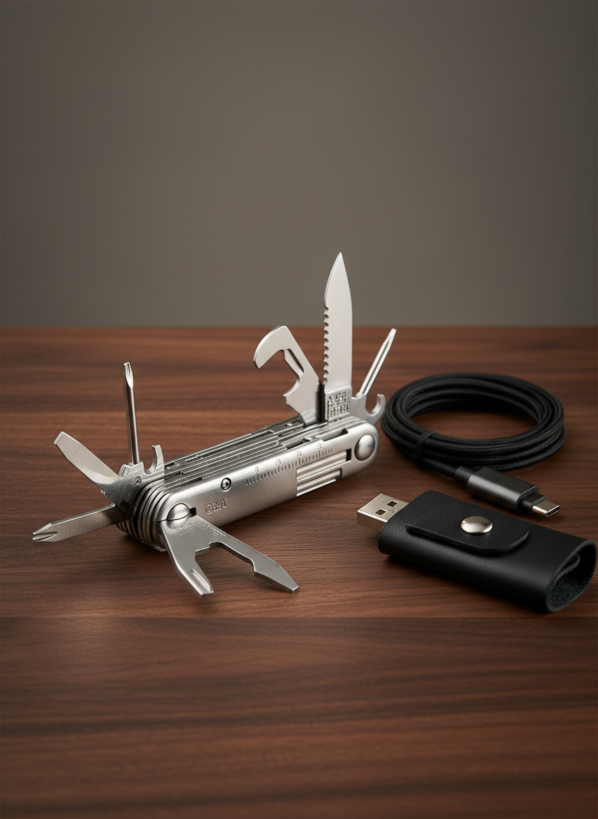 A single high-quality, stainless steel multi-tool gadget unfolded on a dark walnut tabletop, each tool glinting with precision machining: fine screwdrivers, a mini knife, scissors, and bottle opener. The brushed metal body shows subtle texture and engraved measurement markings. Next to it lies a neatly coiled braided nylon charging cable and a slim black cable organizer. Soft studio lighting from the left creates defined highlights along the edges and controlled shadows that emphasize form without harsh contrast. Captured from a slightly elevated angle with centered composition and shallow depth of field, the background fades into a smooth, neutral gradient. The mood is professional and trustworthy, with photographic realism that highlights durability, craftsmanship, and practical everyday utility.