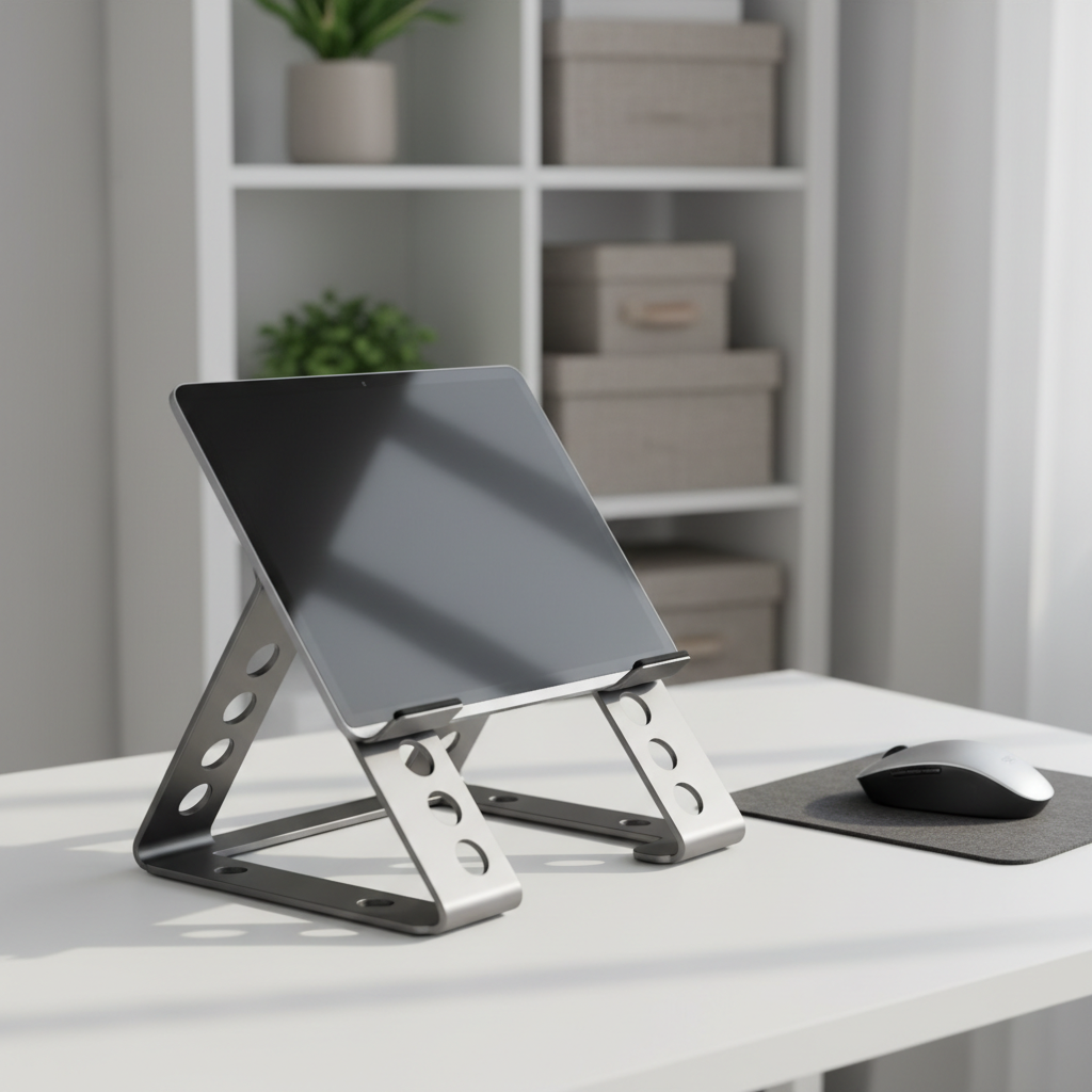 A compact, foldable laptop stand in space-gray aluminum positioned on a pristine white desk, supporting a thin silver laptop, with a small, wireless ergonomic mouse and a square, felt desk mat nearby. The stand features precisely cut ventilation holes and rubberized grips, its minimalist geometry forming clean lines. Behind it, a blurred background reveals a tidy home office shelf with neatly stacked storage boxes. Soft morning light enters from the right, illuminating the metal surfaces and casting soft, elongated shadows. Shot at a three-quarter angle with rule-of-thirds composition, the stand occupies the primary focus with clear, sharp detail. The photographic style is clean and modern, conveying a calm, efficient workspace enhanced by smart, convenient tools.